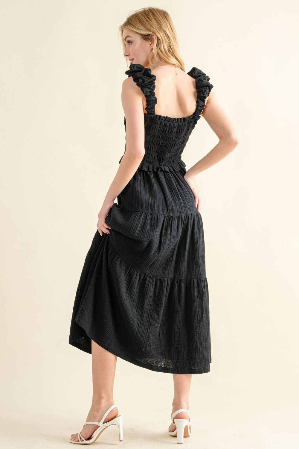 And The Why Smocked Ruffled Tiered Dress - Day Dress - Black - Bella Bourget