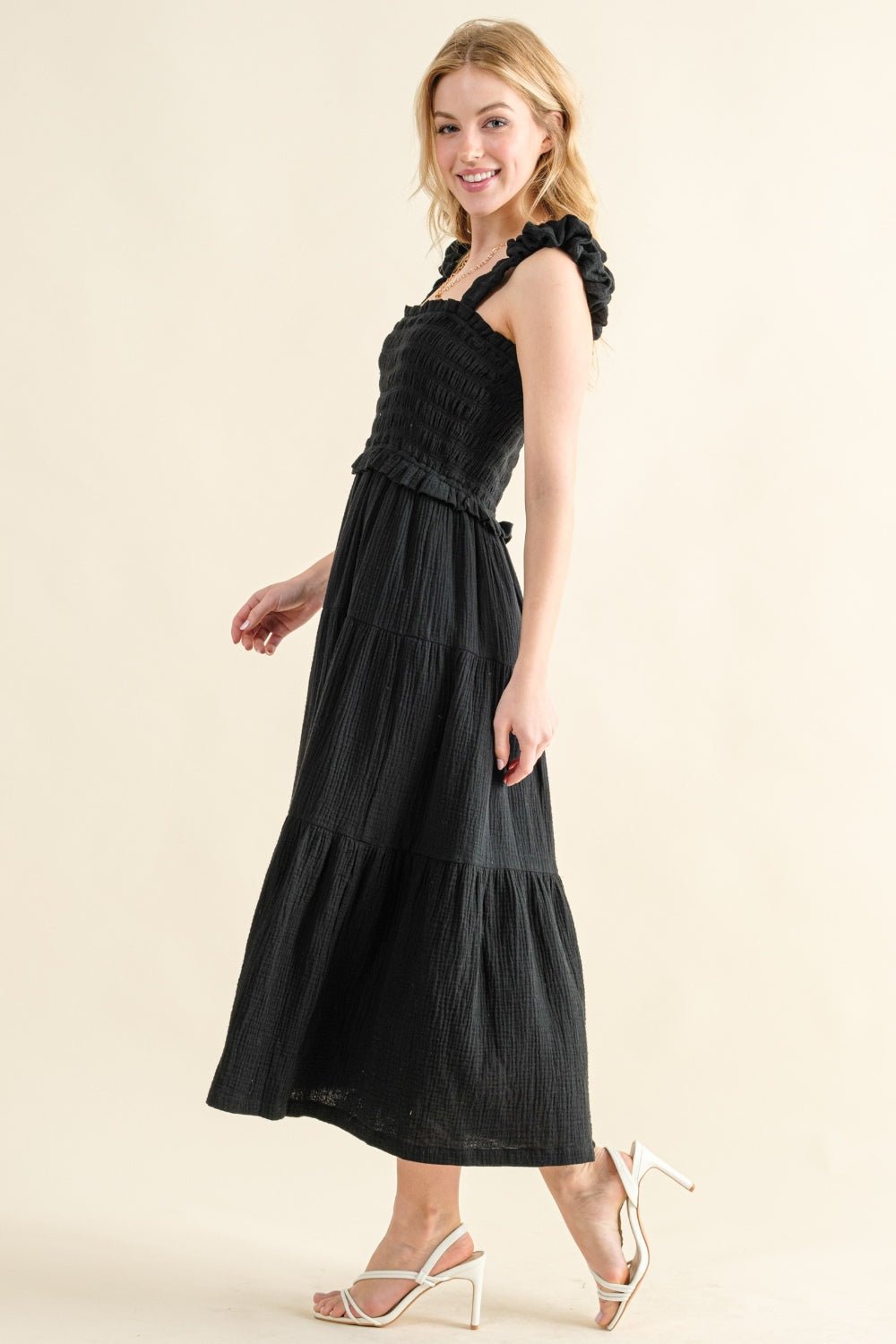 And The Why Smocked Ruffled Tiered Dress - Day Dress - Black - Bella Bourget