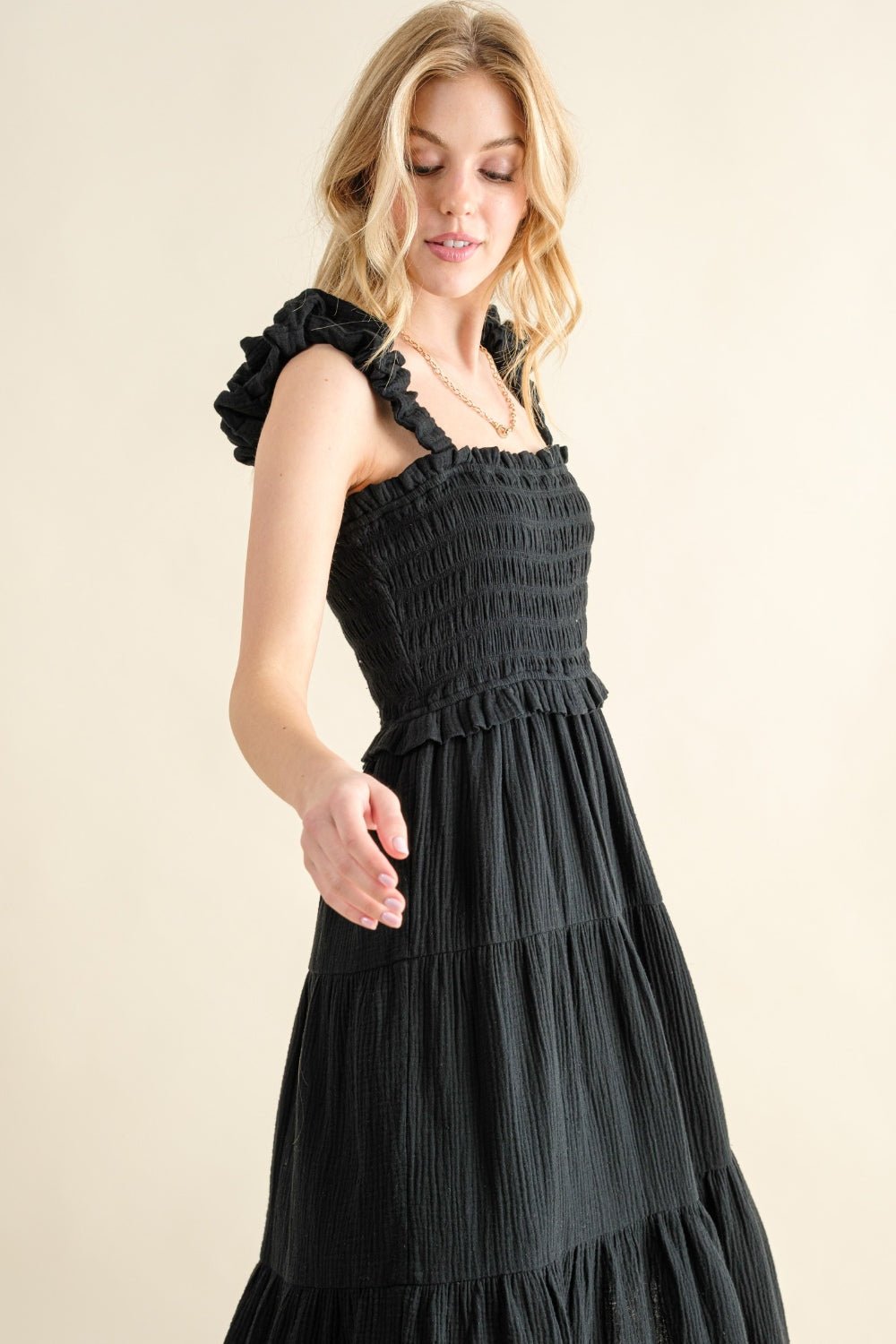 And The Why Smocked Ruffled Tiered Dress - Day Dress - Black - Bella Bourget