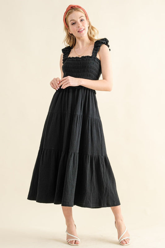 And The Why Smocked Ruffled Tiered Dress - Day Dress - Black - Bella Bourget