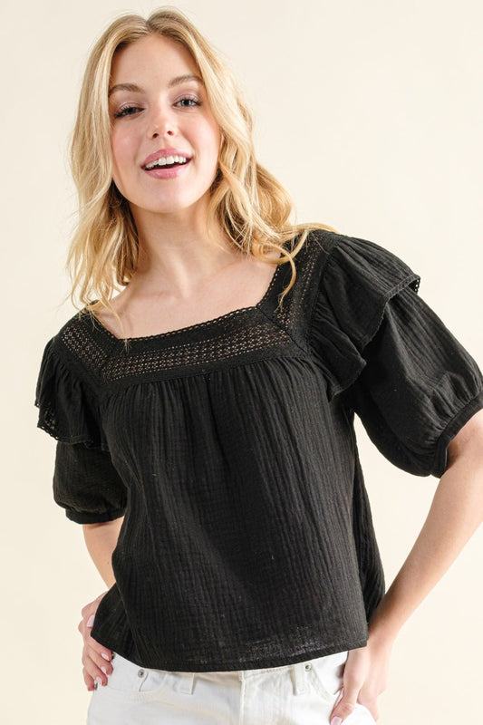 And The Why Square Neck Ruffled Blouse - Top - BLACK - Bella Bourget