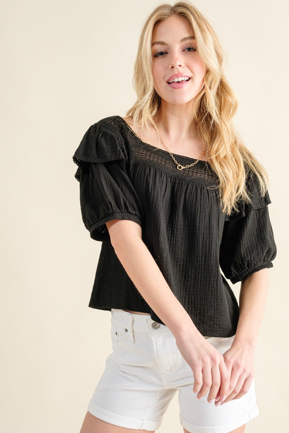 And The Why Square Neck Ruffled Blouse - Top - BLACK - Bella Bourget