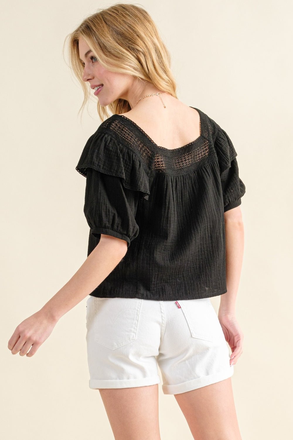 And The Why Square Neck Ruffled Blouse - Top - BLACK - Bella Bourget