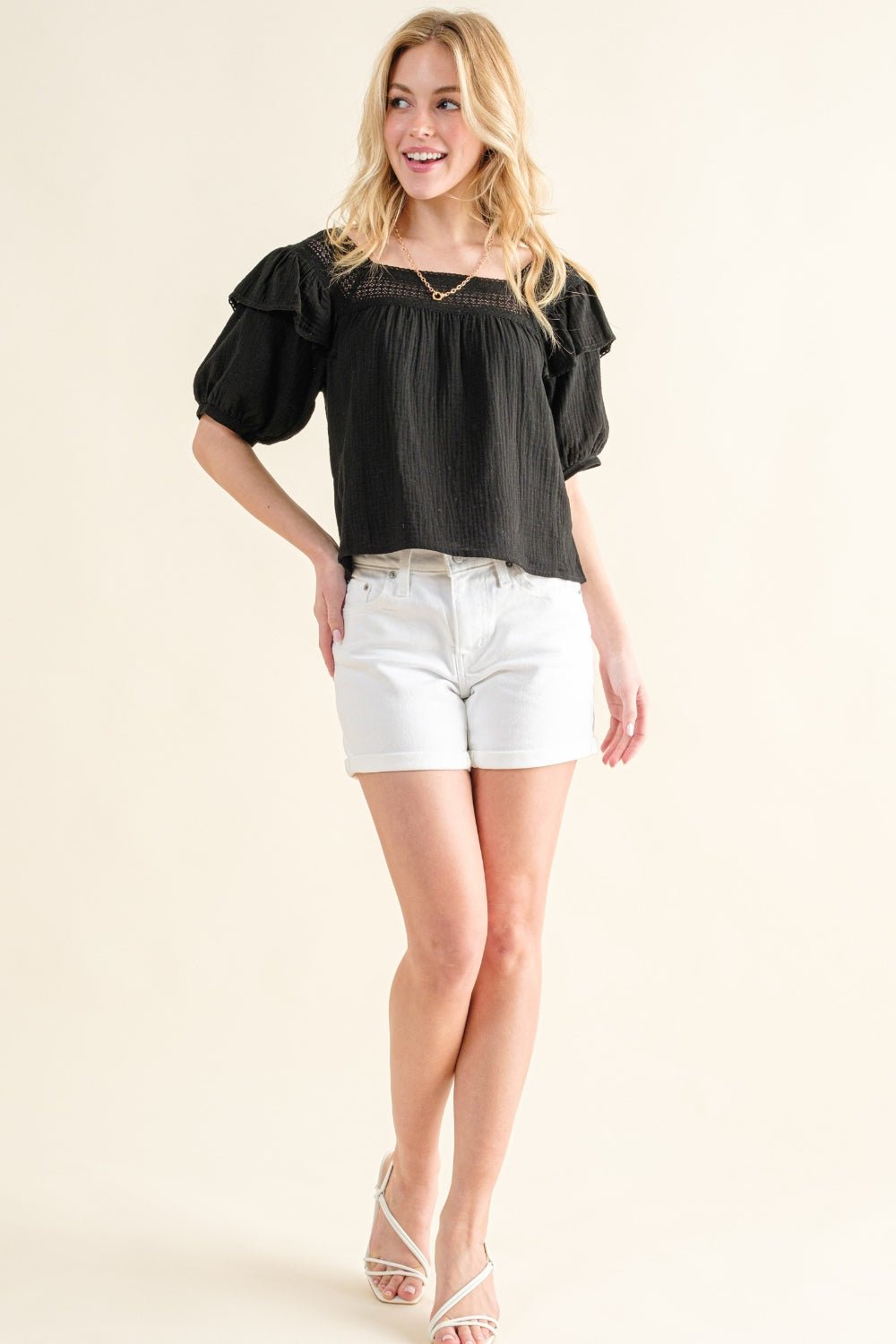 And The Why Square Neck Ruffled Blouse - Top - BLACK - Bella Bourget