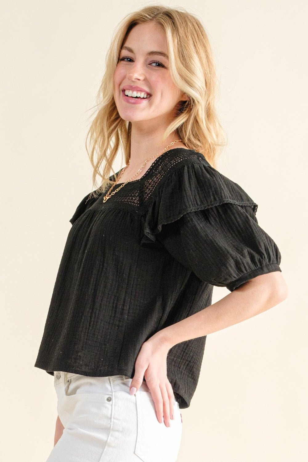 And The Why Square Neck Ruffled Blouse - Top - BLACK - Bella Bourget