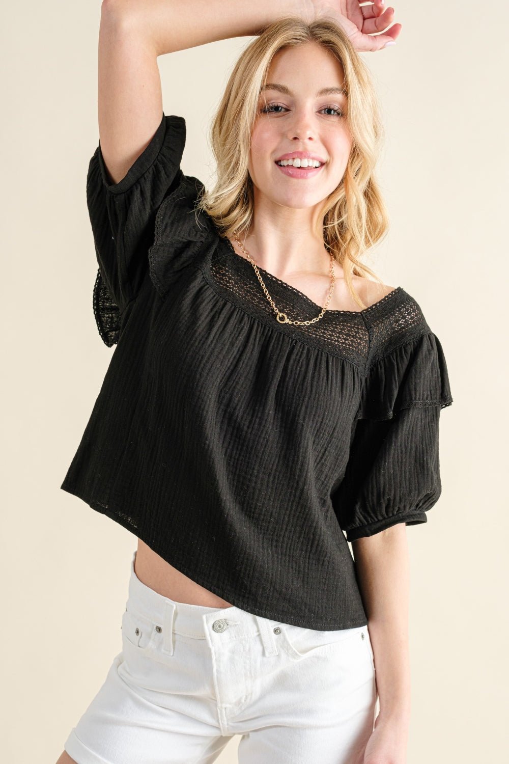 And The Why Square Neck Ruffled Blouse - Top - BLACK - Bella Bourget