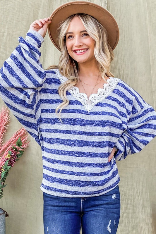 And The Why Striped Lace Detail V Neck Top - Top - BLUE - Bella Bourget