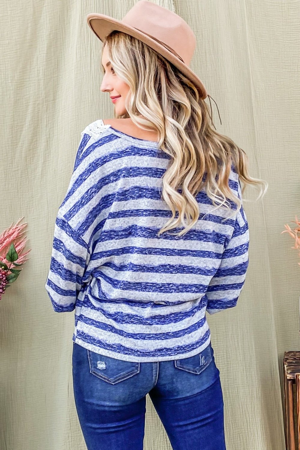 And The Why Striped Lace Detail V Neck Top - Top - BLUE - Bella Bourget