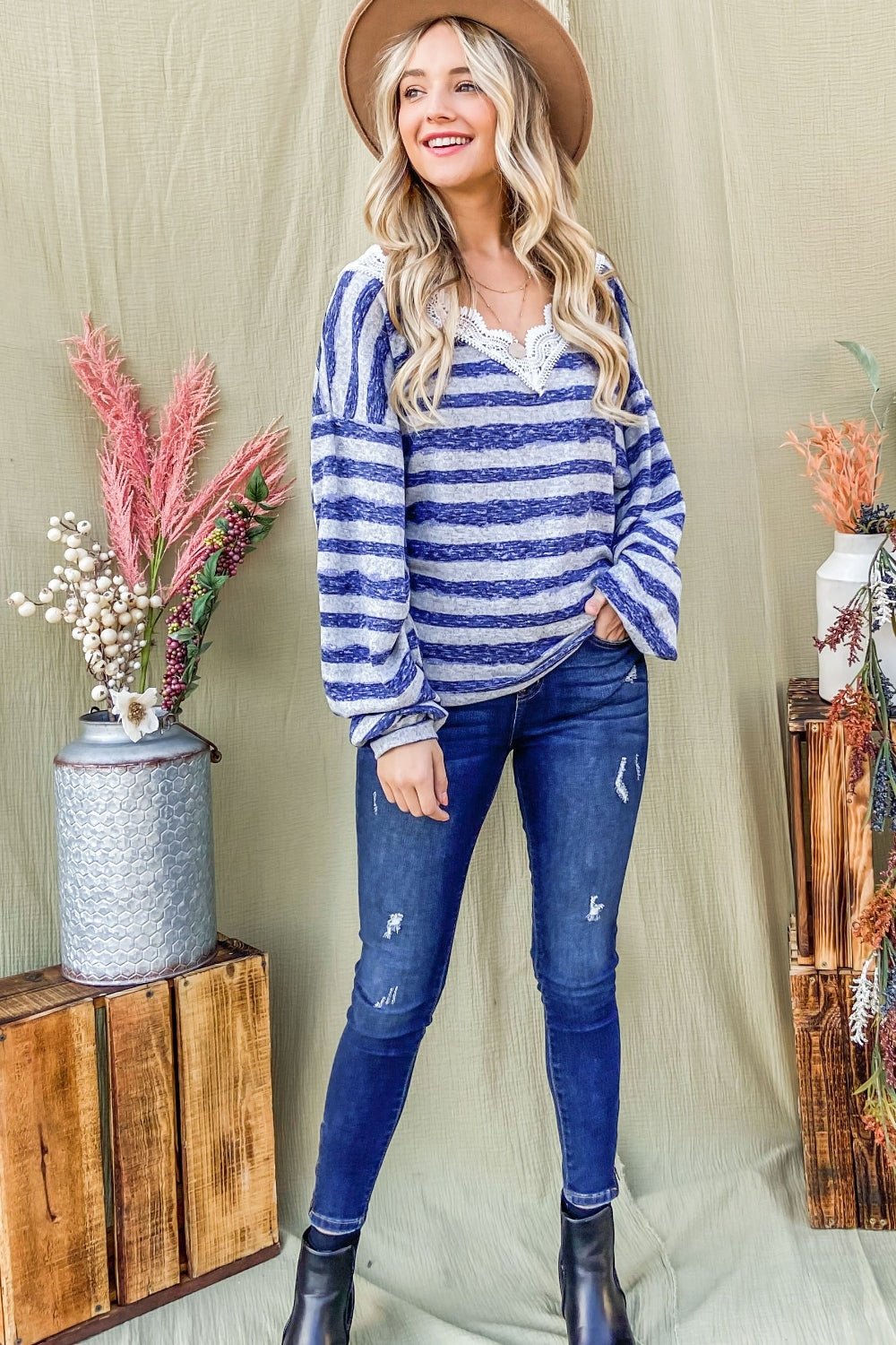 And The Why Striped Lace Detail V Neck Top - Top - BLUE - Bella Bourget