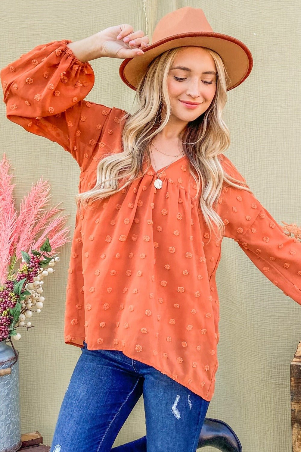 And The Why Swiss Dot V Neck Balloon Sleeve Woven Blouse - Top - Rust - Bella Bourget