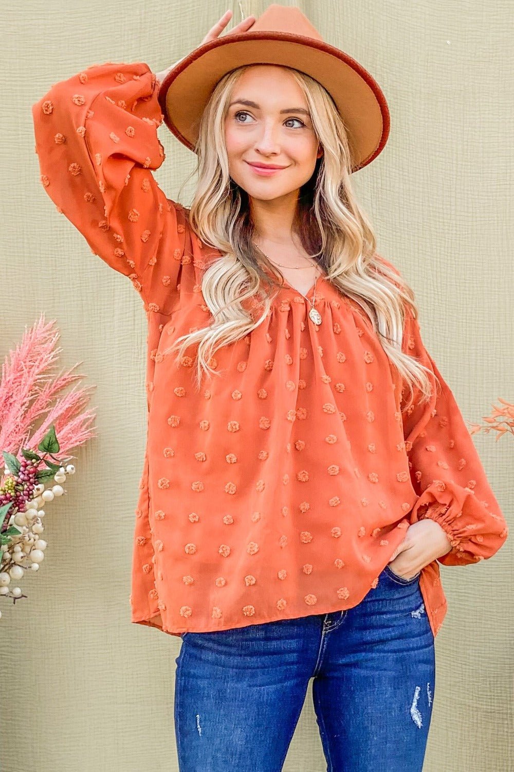 And The Why Swiss Dot V Neck Balloon Sleeve Woven Blouse - Top - Rust - Bella Bourget