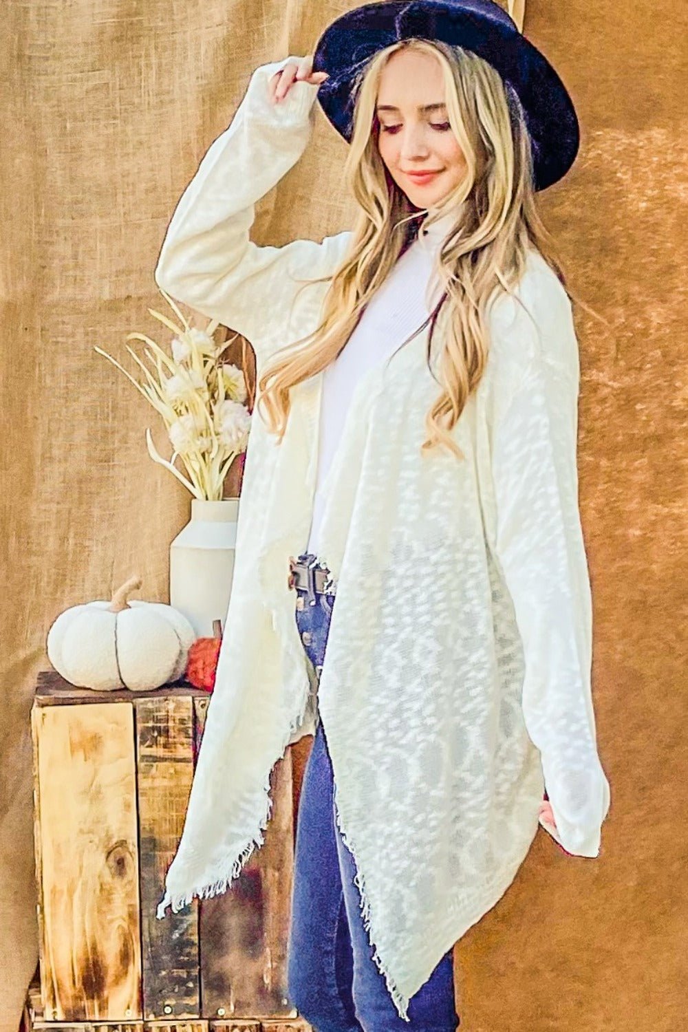 And The Why Textured Knit Fringe Hem Cardigan - Ivory - Bella Bourget