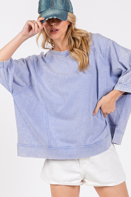 SAGE + FIG Mineral Washed Side Slit Round Neck Sweatshirt