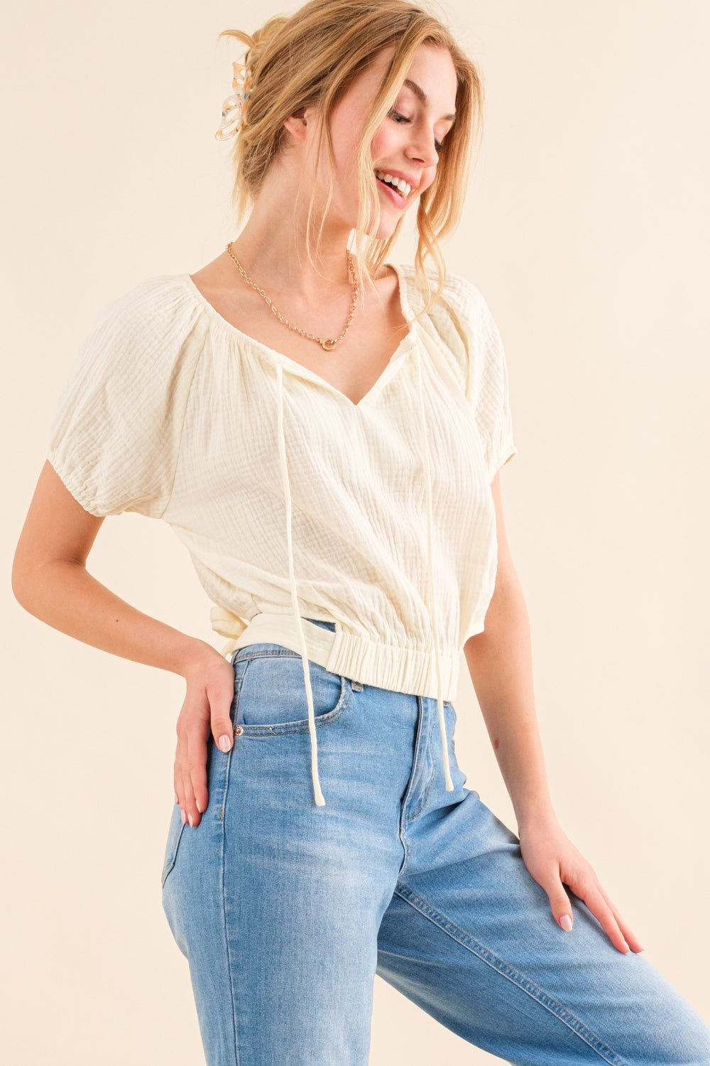 And The Why Back Waist Tie Cropped Blouse - Top - Cream - Bella Bourget