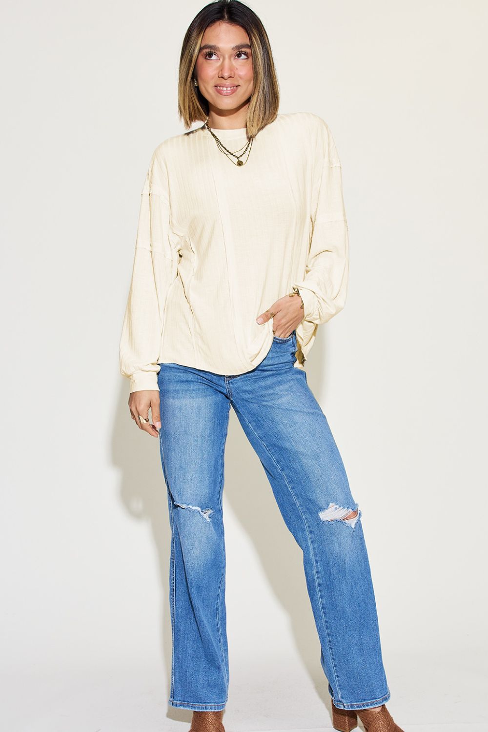 Basic Bae Full Size Ribbed Round Neck Long Sleeve T - Shirt - Top - Cream - Bella Bourget