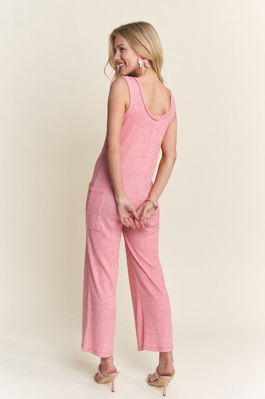 ADORA Ribbed V-Neck Wide Leg Jumpsuit with Pockets