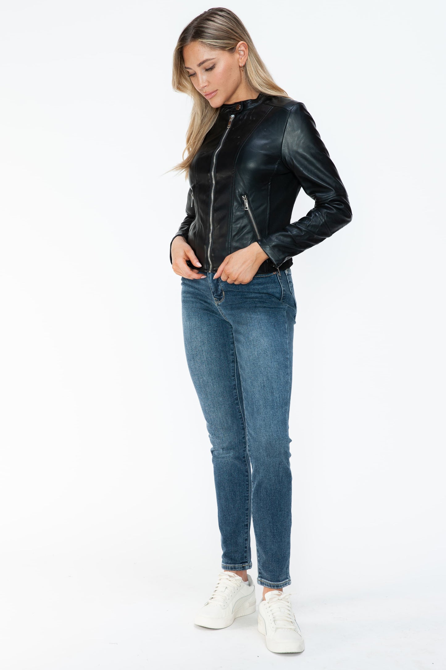 Snobbish Faux Leather Zip Up Jacket with Pockets