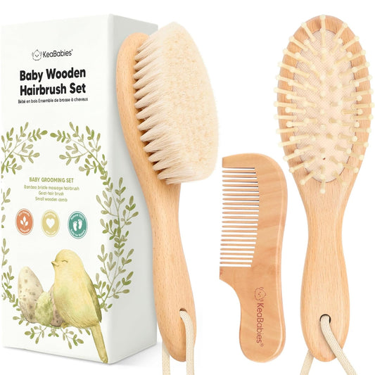 Baby Hair Brush and Comb Set for Newborn - Wooden Baby Hair Brush Set with Soft Goat Bristle, Baby Brush Set for Newborns, Baby Brush and Comb Set Girl,Toddler Cradle Cap Brush (Oval, Walnut) - Walnut - Bella Bourget