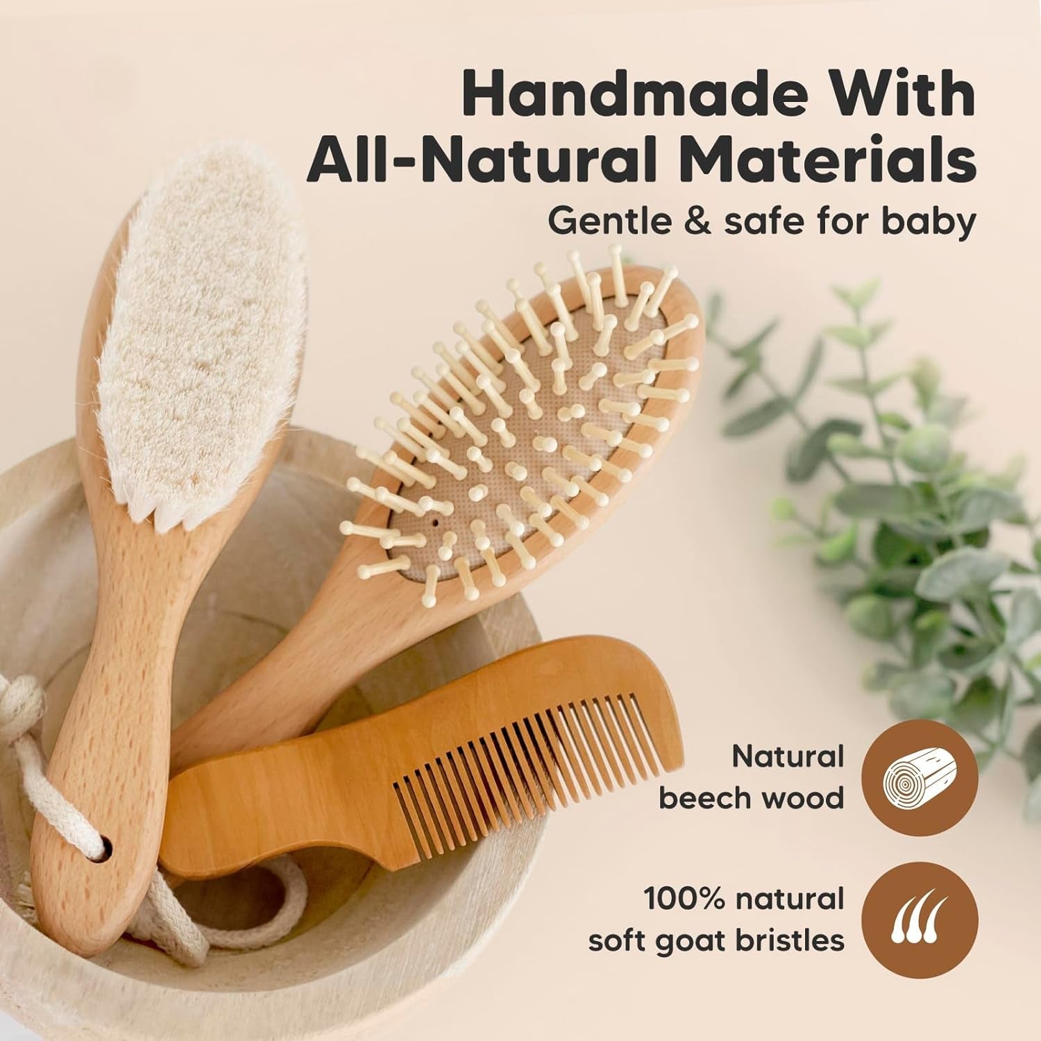 Baby Hair Brush and Comb Set for Newborn - Wooden Baby Hair Brush Set with Soft Goat Bristle, Baby Brush Set for Newborns, Baby Brush and Comb Set Girl,Toddler Cradle Cap Brush (Oval, Walnut) - Walnut - Bella Bourget