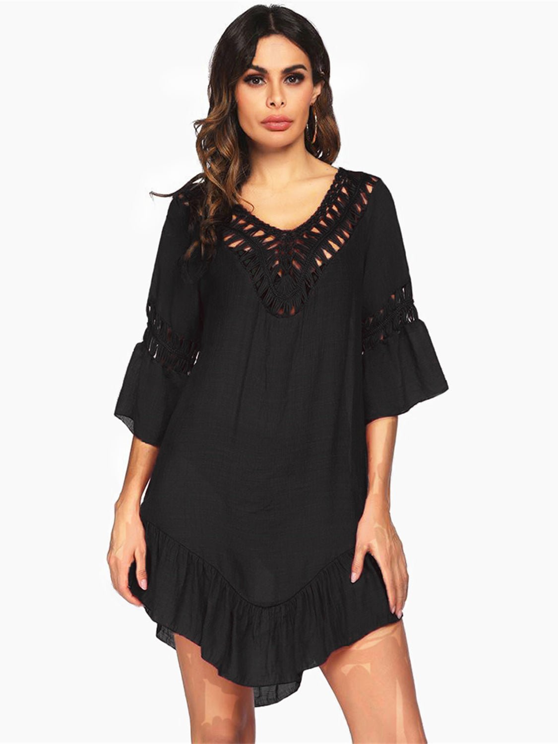 Backless Cutout Three - Quarter Sleeve Cover Up - Cover - Up - Black - Bella Bourget