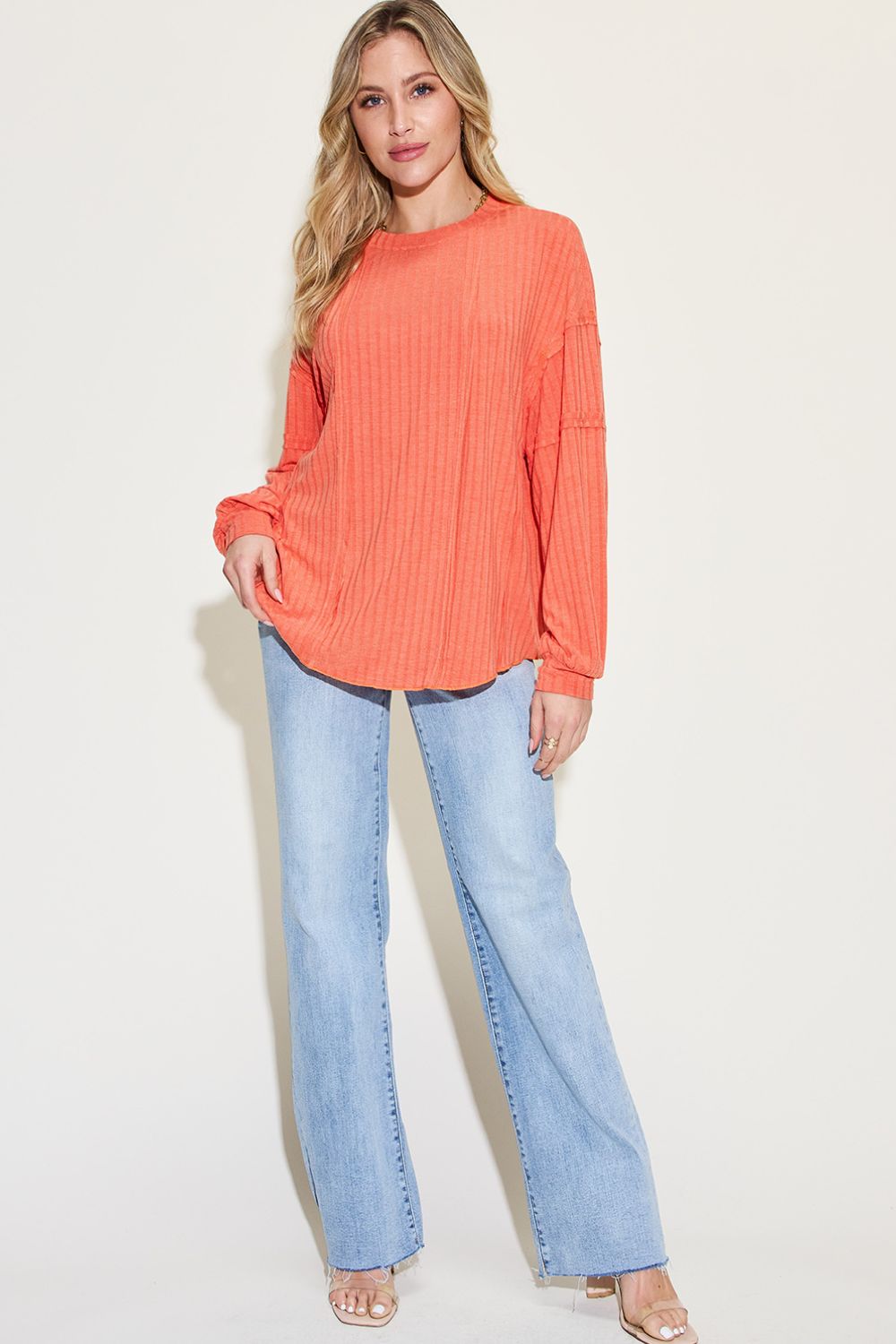 Basic Bae Full Size Ribbed Round Neck Long Sleeve T - Shirt - Top - Orange - Bella Bourget