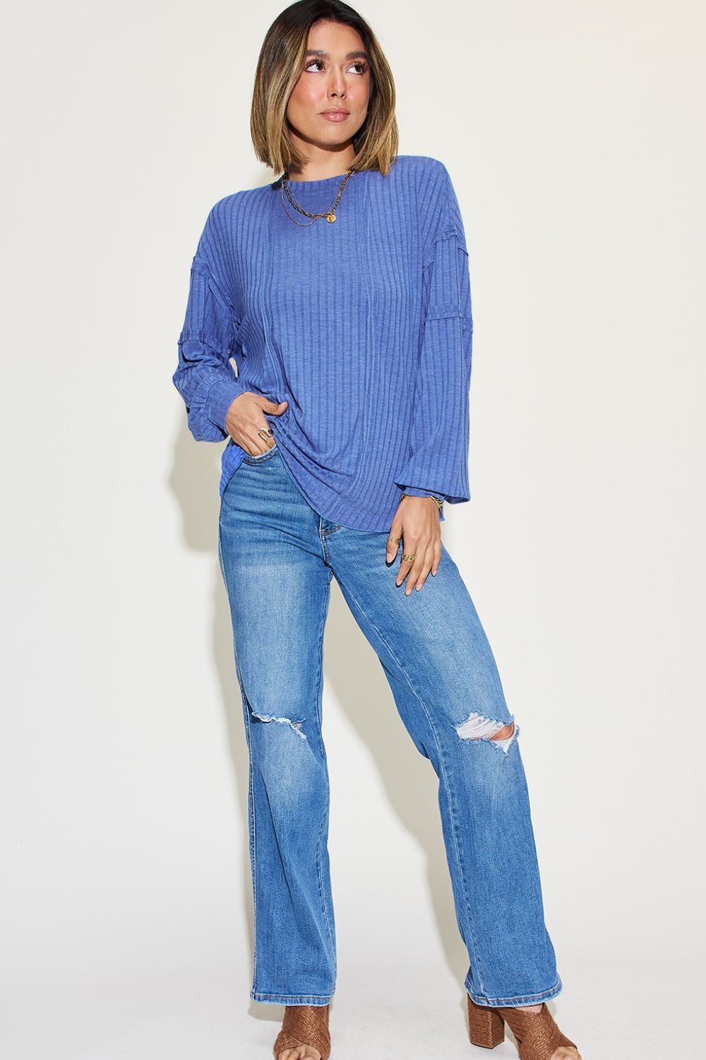 Basic Bae Full Size Ribbed Round Neck Long Sleeve T - Shirt - Top - Dusty Blue - Bella Bourget