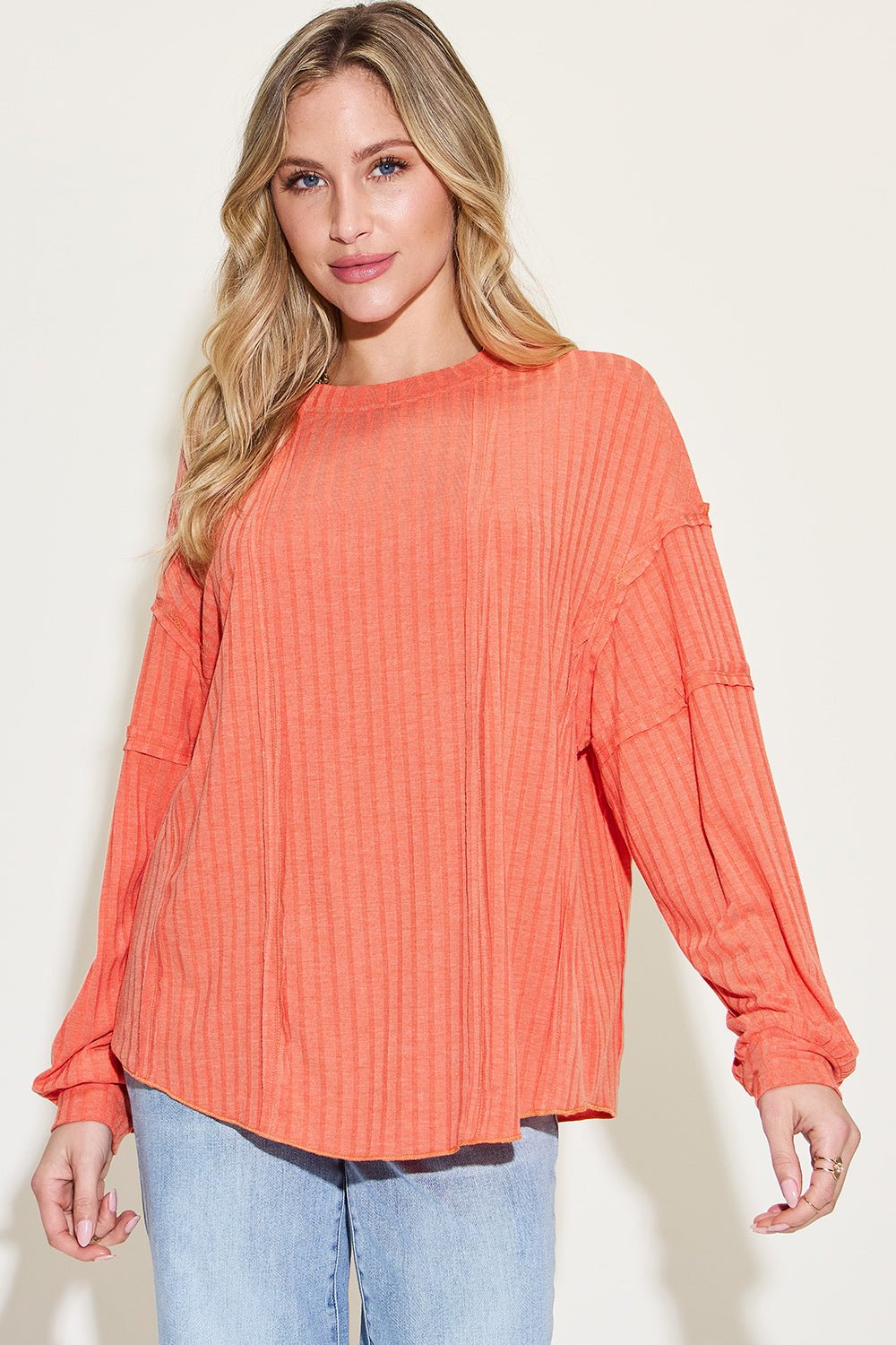 Basic Bae Full Size Ribbed Round Neck Long Sleeve T - Shirt - Top - Orange - Bella Bourget