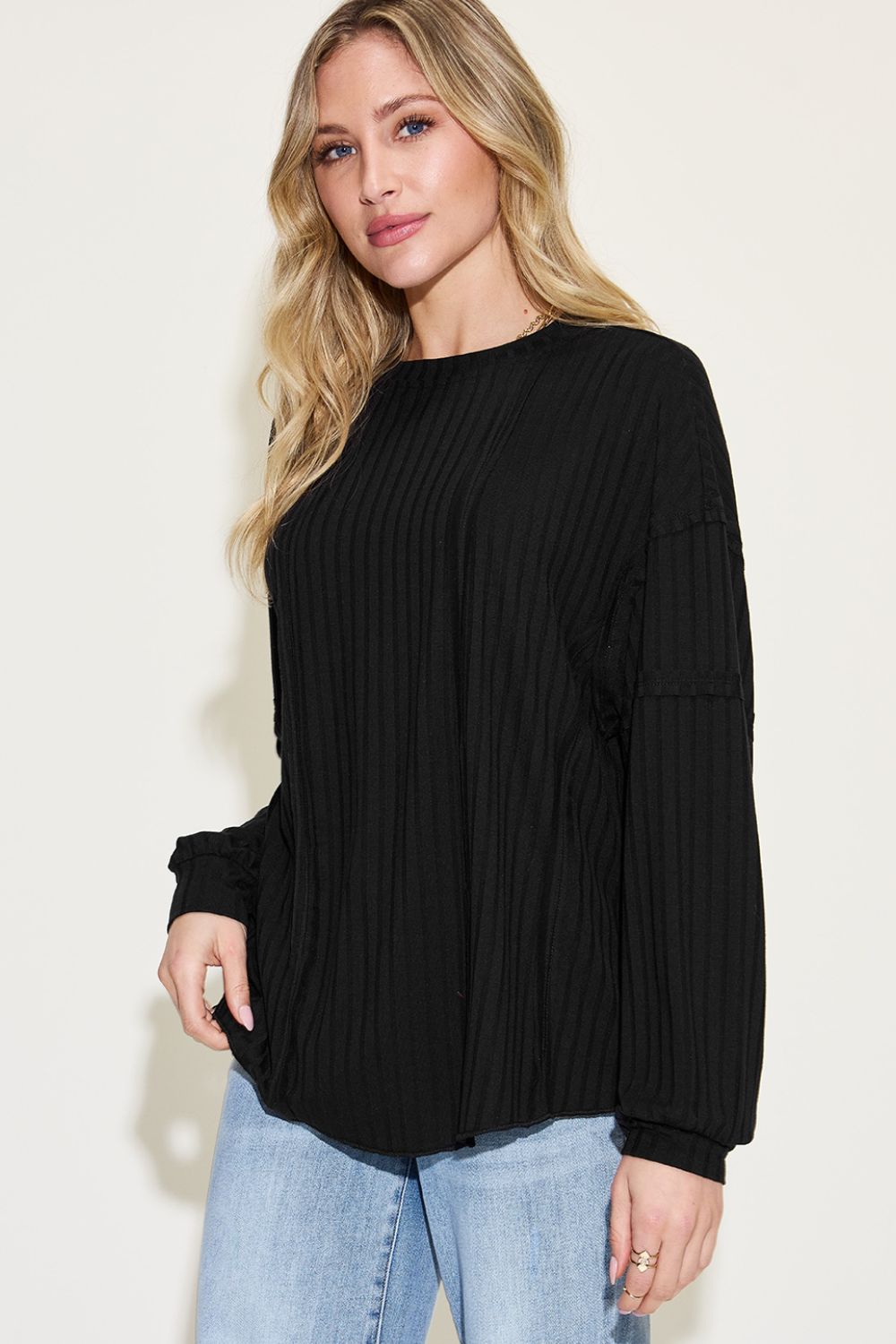 Basic Bae Full Size Ribbed Round Neck Long Sleeve T - Shirt - Top - Black - Bella Bourget