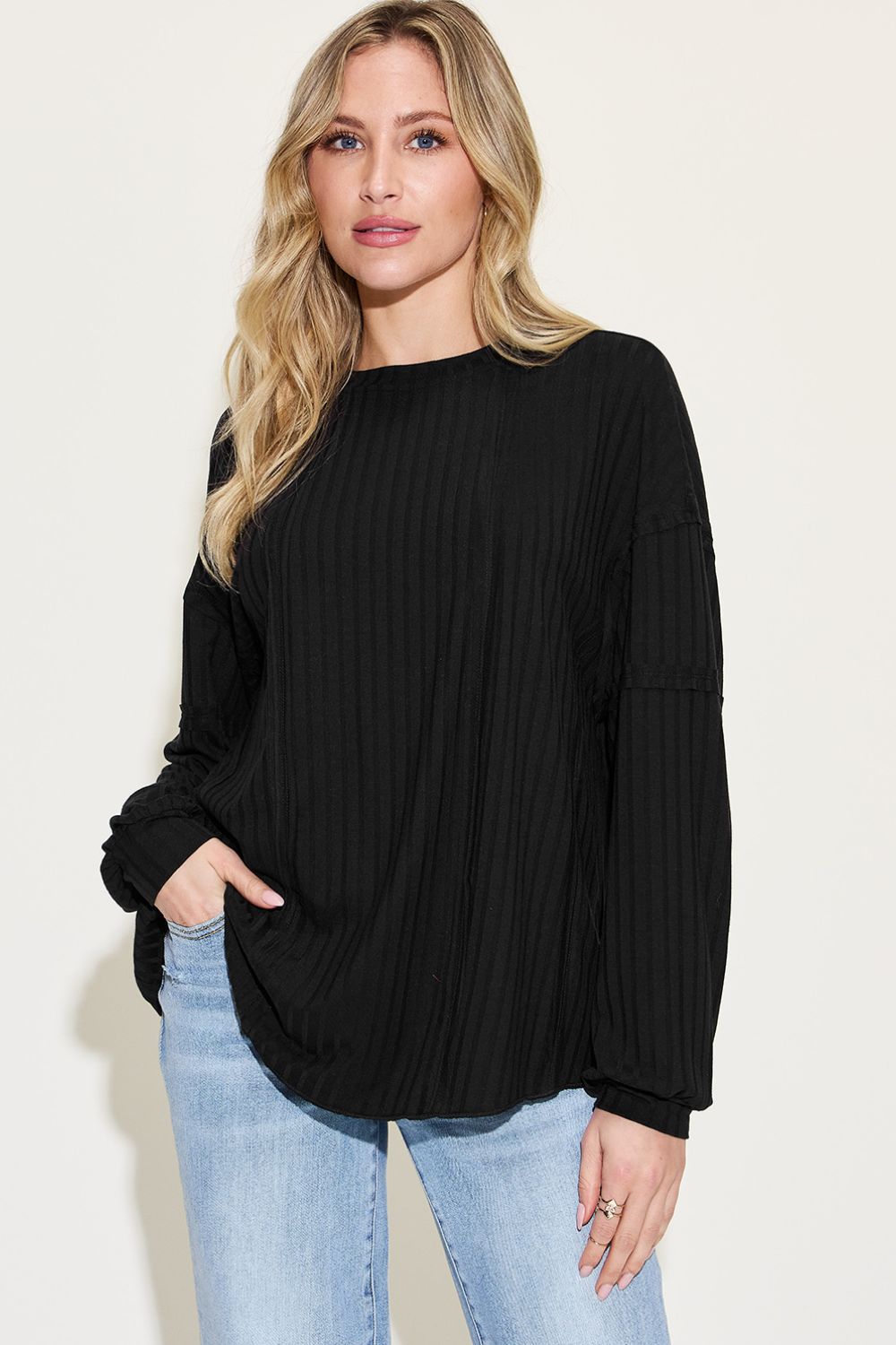 Basic Bae Full Size Ribbed Round Neck Long Sleeve T - Shirt - Top - Black - Bella Bourget