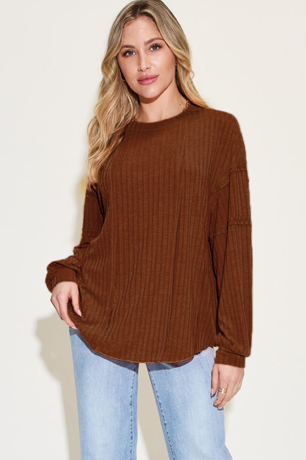 Basic Bae Full Size Ribbed Round Neck Long Sleeve T - Shirt - Top - Dark Brown - Bella Bourget