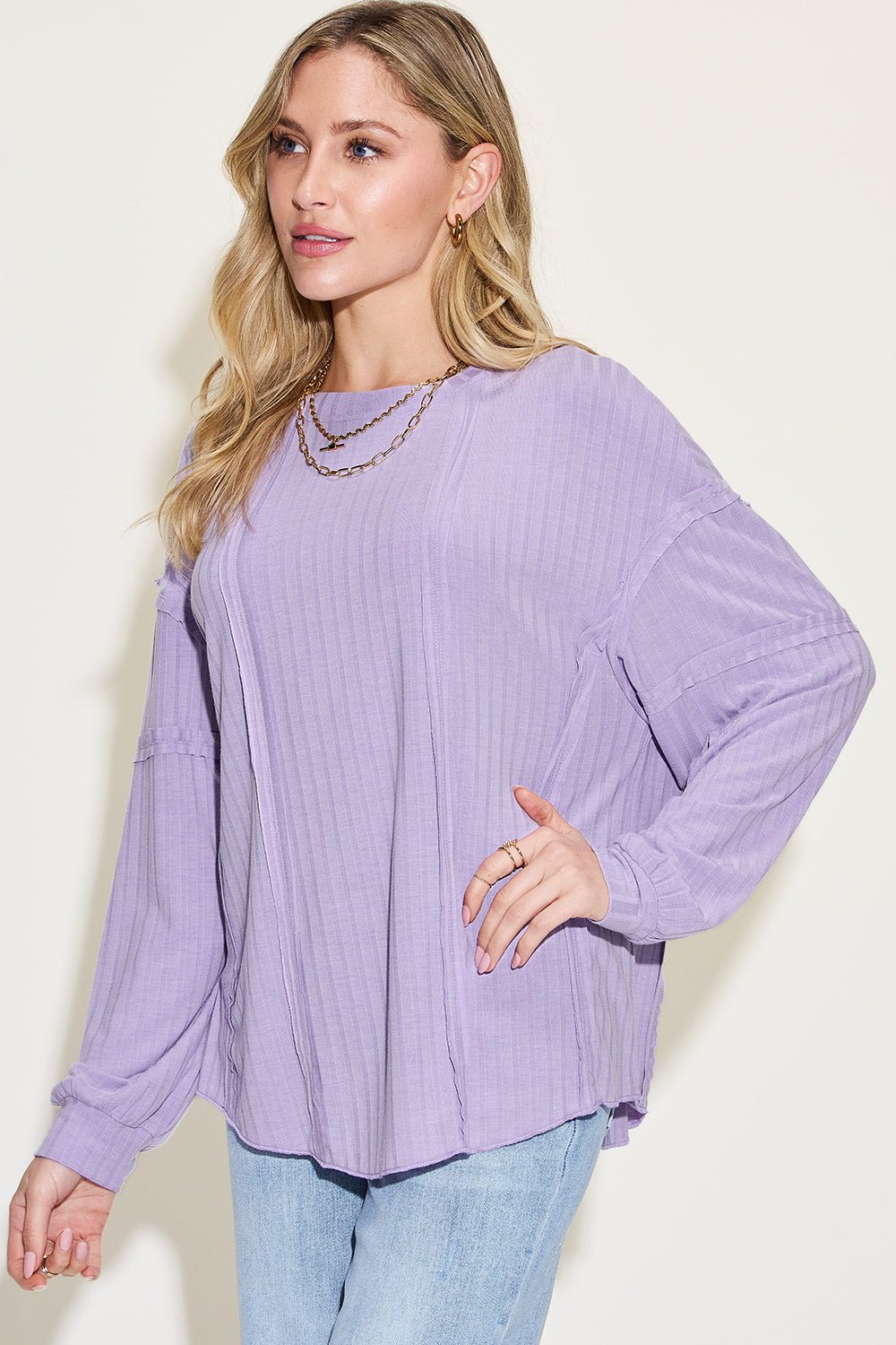 Basic Bae Full Size Ribbed Round Neck Long Sleeve T - Shirt - Top - Lavender - Bella Bourget