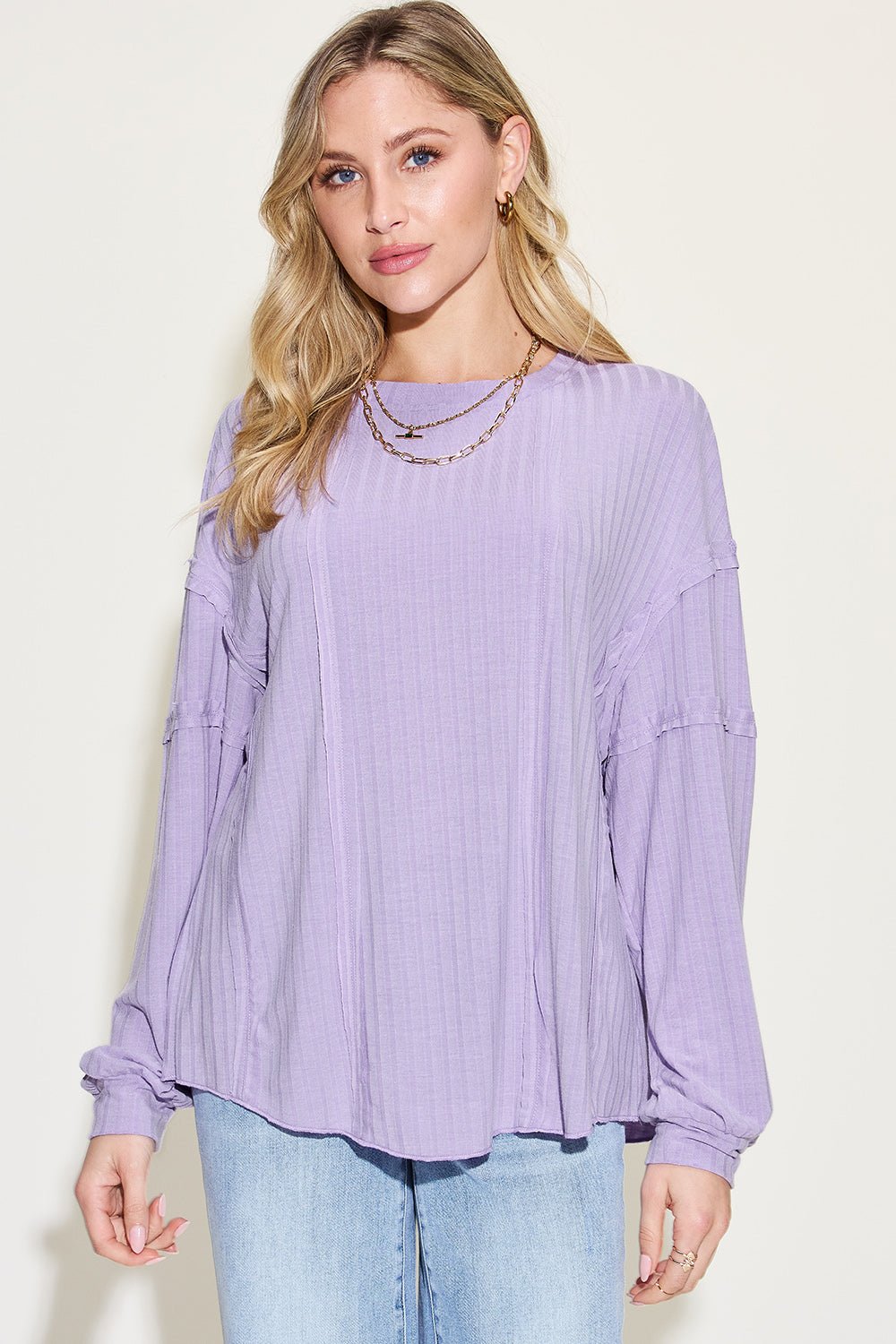 Basic Bae Full Size Ribbed Round Neck Long Sleeve T - Shirt - Top - Lavender - Bella Bourget