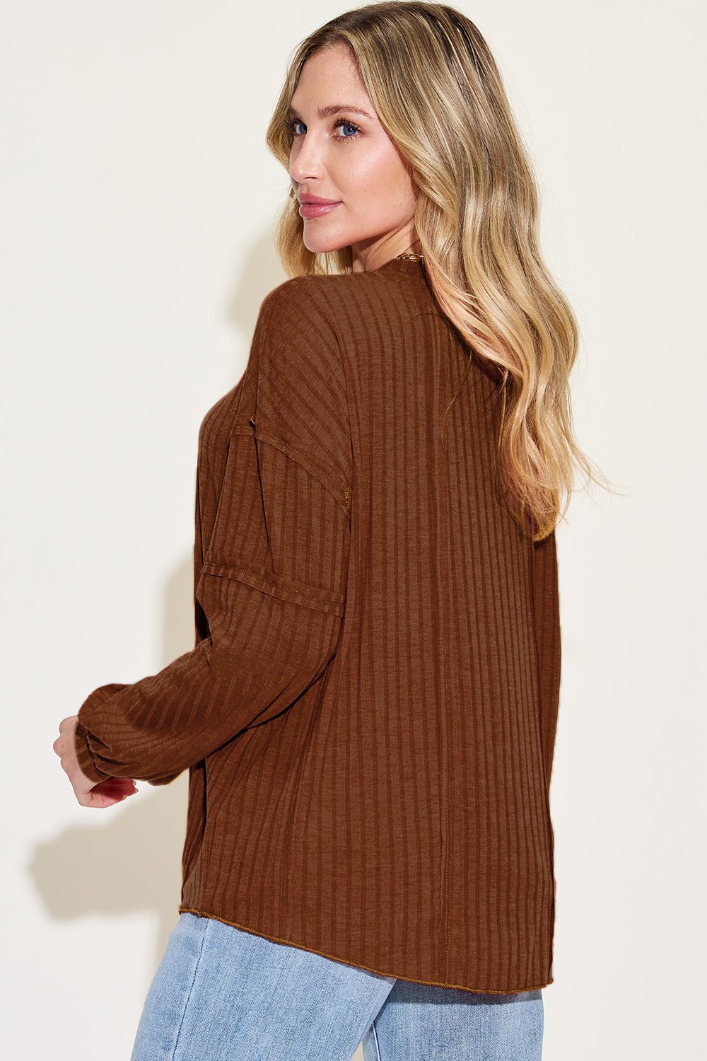 Basic Bae Full Size Ribbed Round Neck Long Sleeve T - Shirt - Top - Dark Brown - Bella Bourget