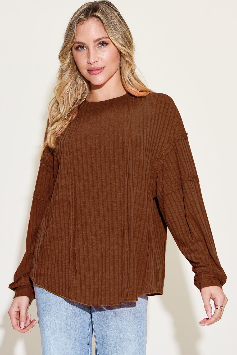 Basic Bae Full Size Ribbed Round Neck Long Sleeve T - Shirt - Top - Dark Brown - Bella Bourget