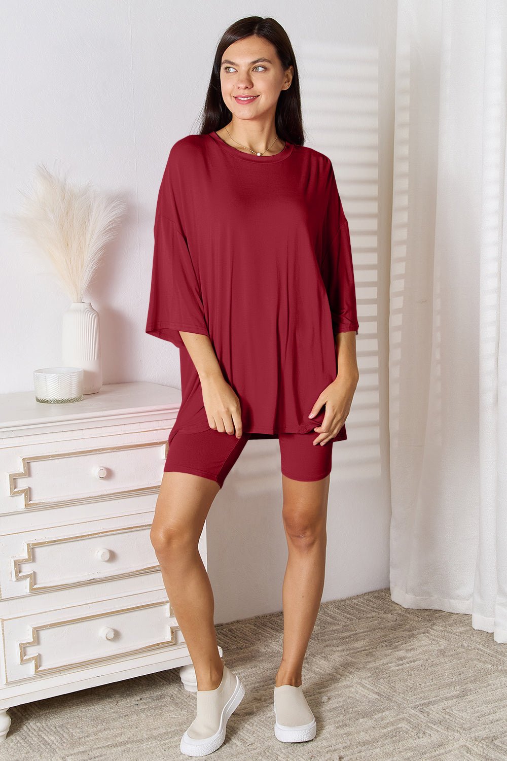 Basic Bae Full Size Soft Rayon Three - Quarter Sleeve Top and Shorts Set - Two - Piece Set - Deep Red - Bella Bourget