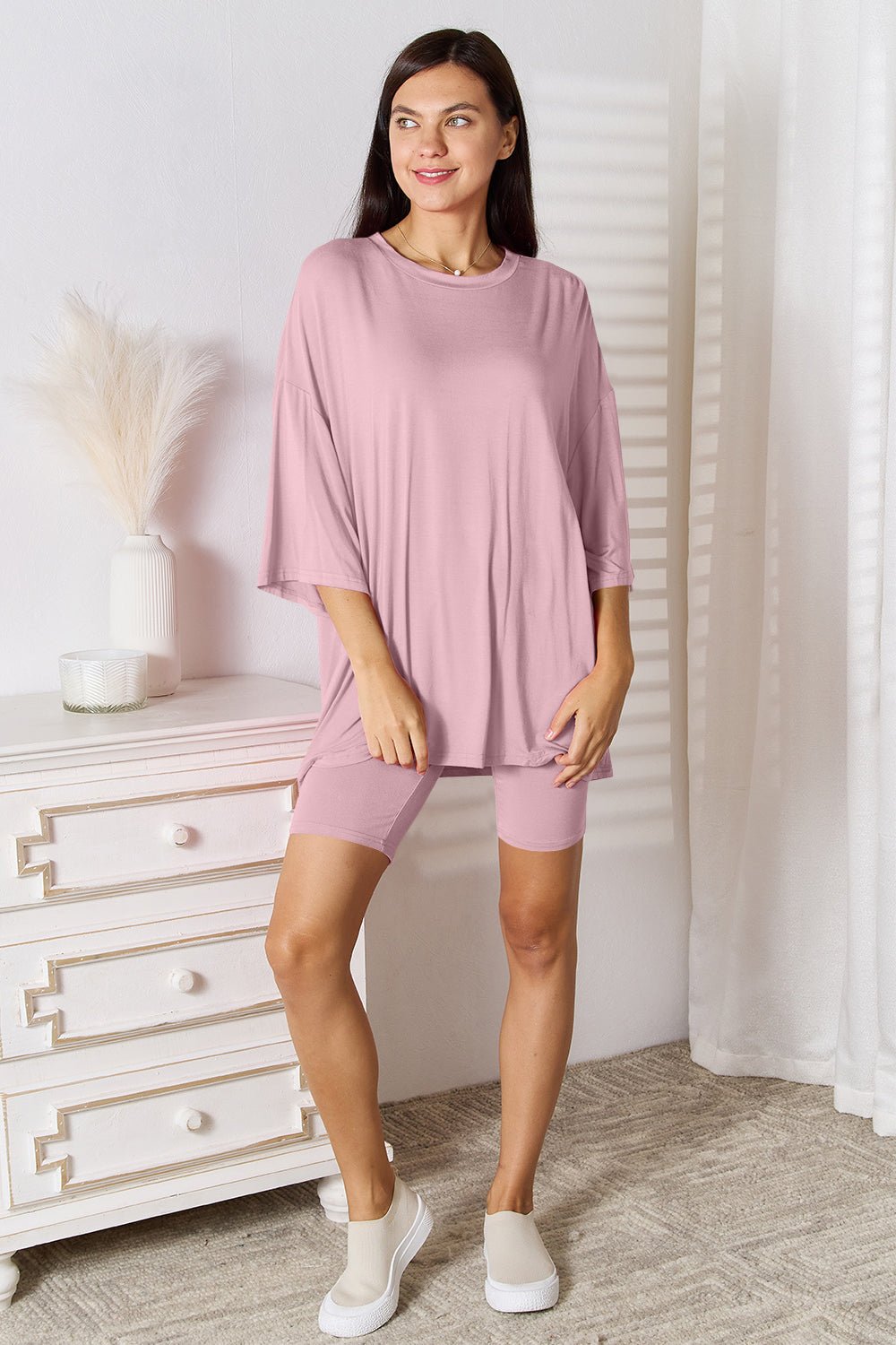 Basic Bae Full Size Soft Rayon Three - Quarter Sleeve Top and Shorts Set - Two - Piece Set - Blush Pink - Bella Bourget