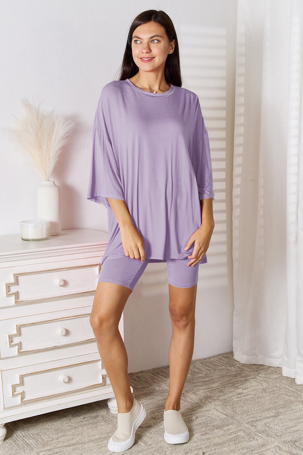 Basic Bae Full Size Soft Rayon Three - Quarter Sleeve Top and Shorts Set - Two - Piece Set - Lavender - Bella Bourget