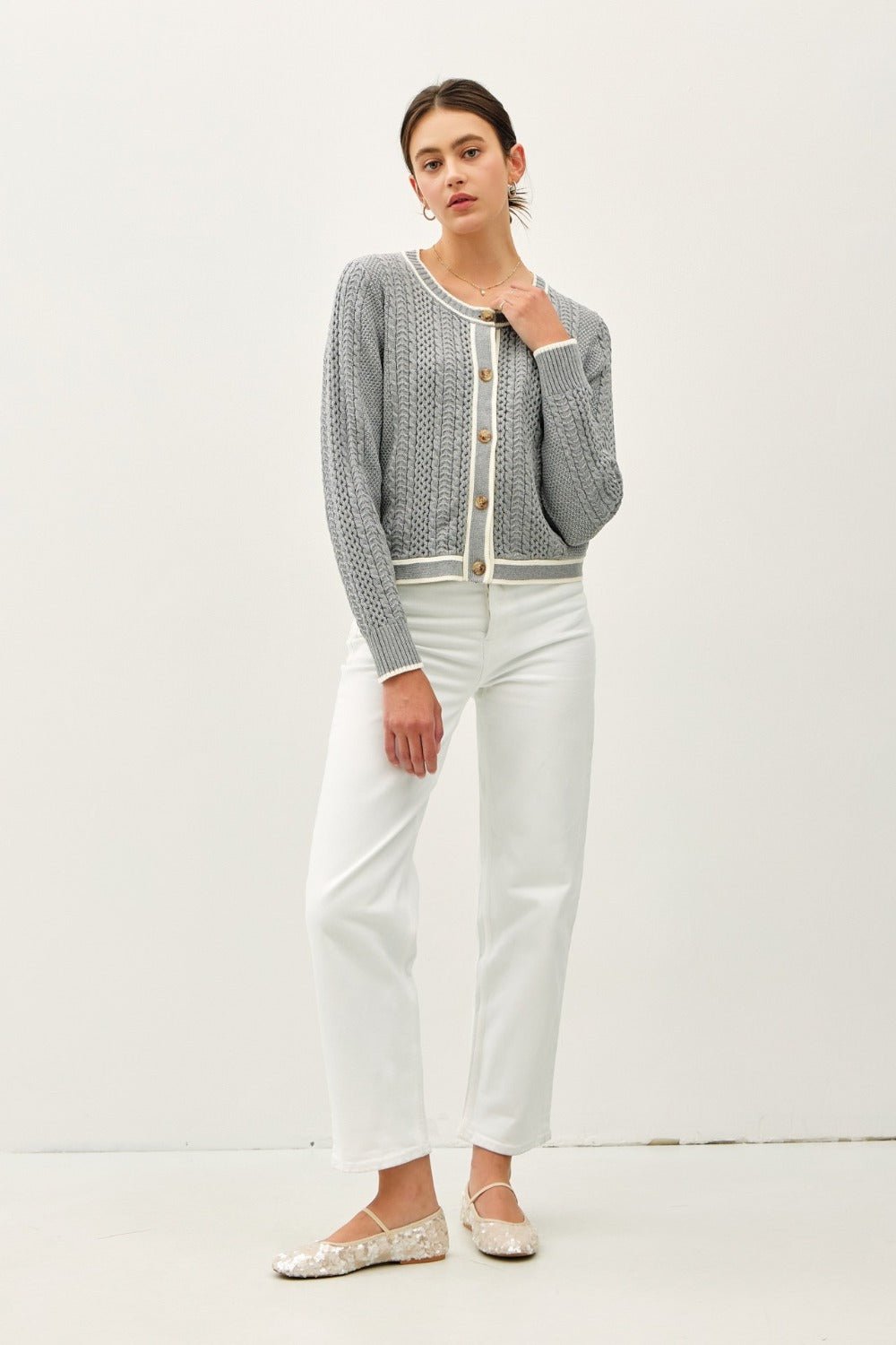 Be Cool Cable Knit Long Sleeve Contrast Edge Cardigan - Cardigan - Gray - Bella Bourget