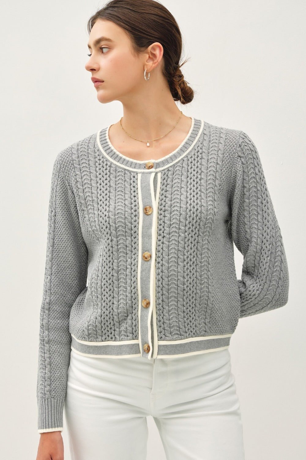 Be Cool Cable Knit Long Sleeve Contrast Edge Cardigan - Cardigan - Gray - Bella Bourget