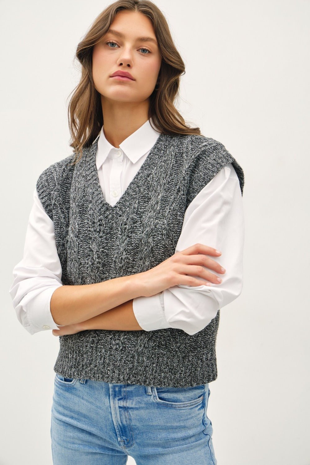 Be Cool Cable Knit V - Neck Sweater Vest - Vest - Charcoal - Bella Bourget