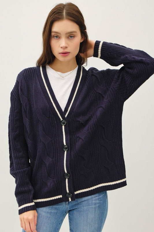 Be Cool Contrast Trim Cable - Knit V - Neck Cardigan - Sweater - Navy - Bella Bourget