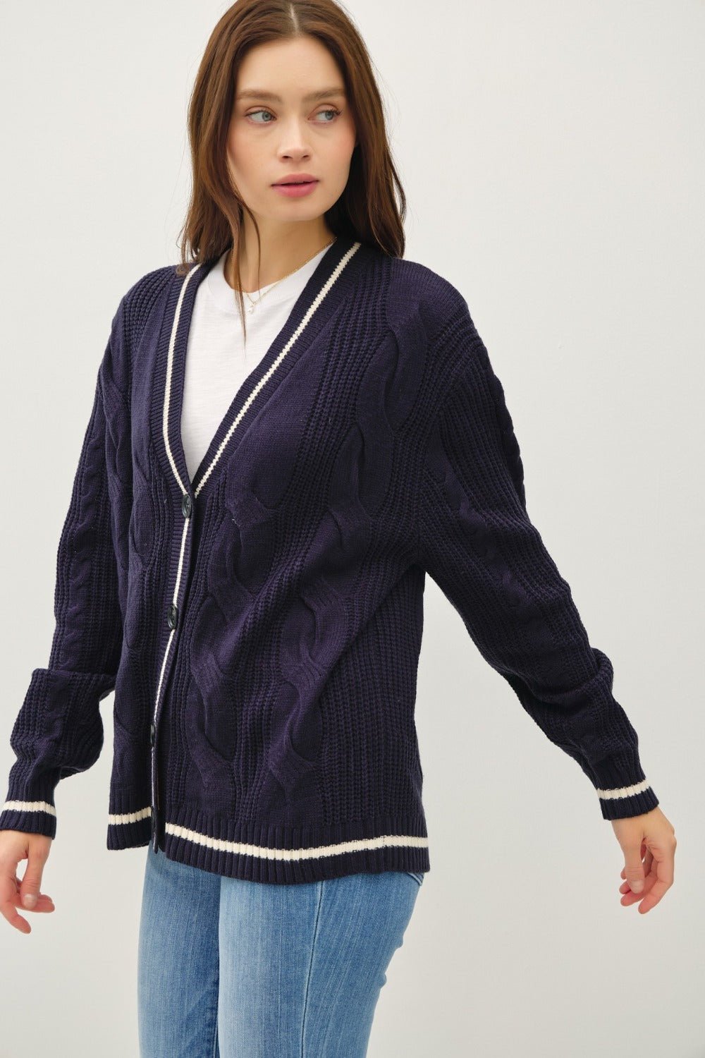 Be Cool Contrast Trim Cable - Knit V - Neck Cardigan - Sweater - Navy - Bella Bourget