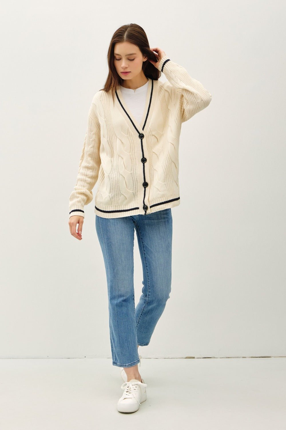 Be Cool Contrast Trim Cable - Knit V - Neck Cardigan - Cardigan - Natural - Bella Bourget