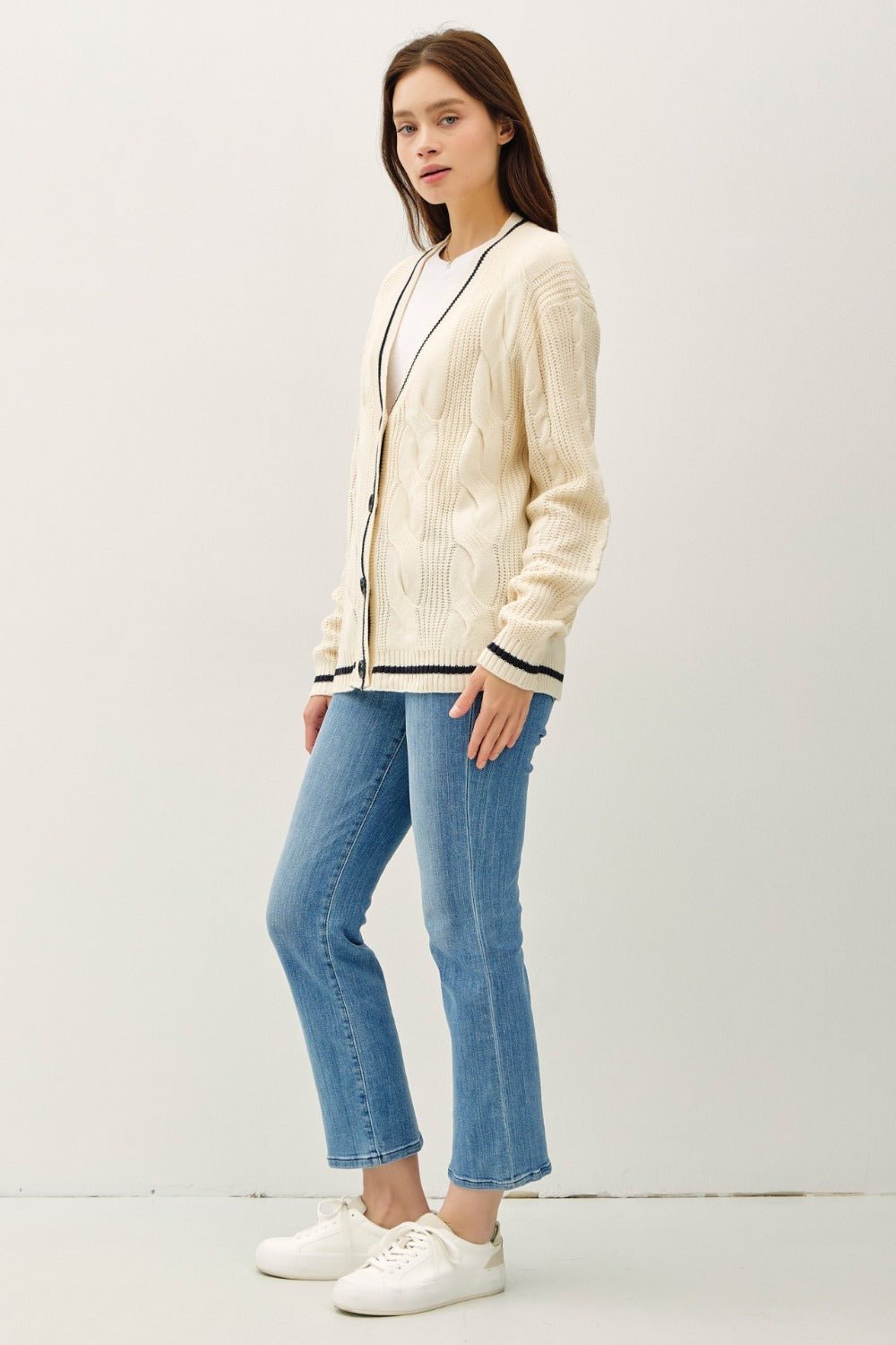 Be Cool Contrast Trim Cable - Knit V - Neck Cardigan - Cardigan - Natural - Bella Bourget