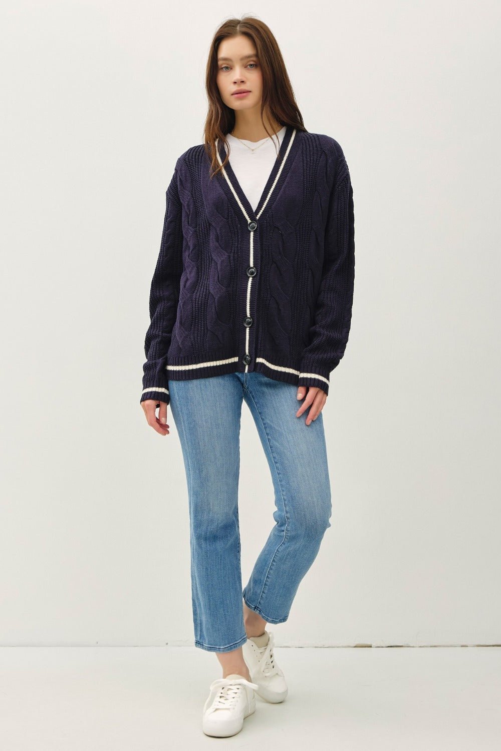 Be Cool Contrast Trim Cable - Knit V - Neck Cardigan - Sweater - Navy - Bella Bourget