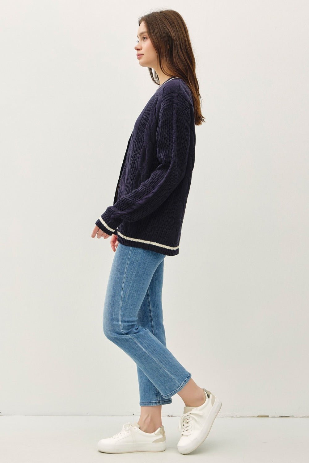 Be Cool Contrast Trim Cable - Knit V - Neck Cardigan - Sweater - Navy - Bella Bourget