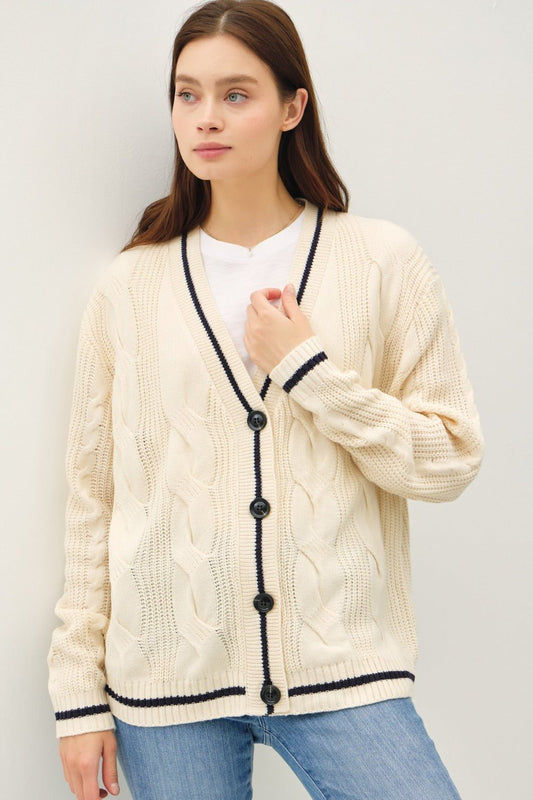 Be Cool Contrast Trim Cable - Knit V - Neck Cardigan - Cardigan - Natural - Bella Bourget