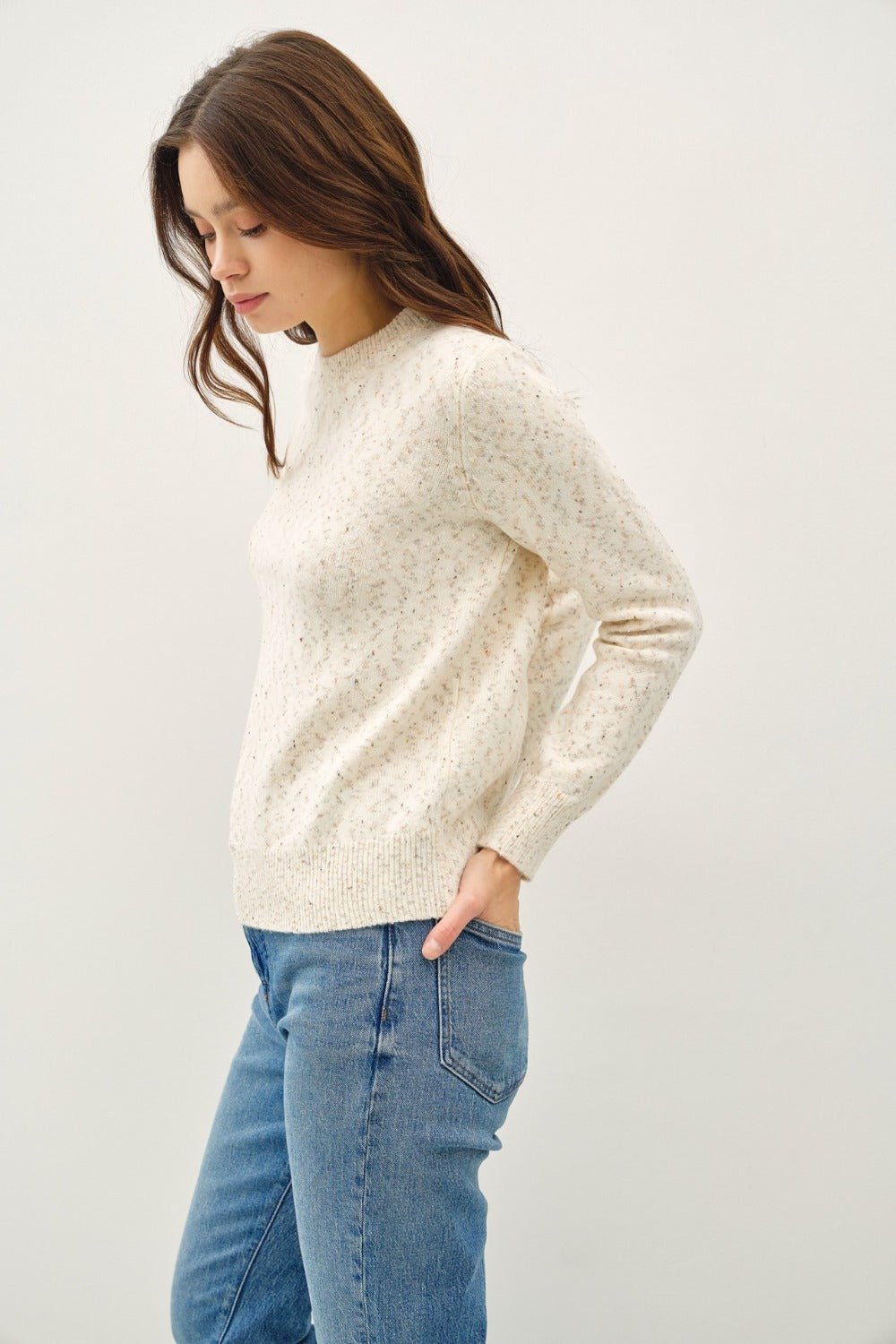 Be Cool Heathered Round Neck Long Sleeve Sweater - Sweater - Cream - Bella Bourget