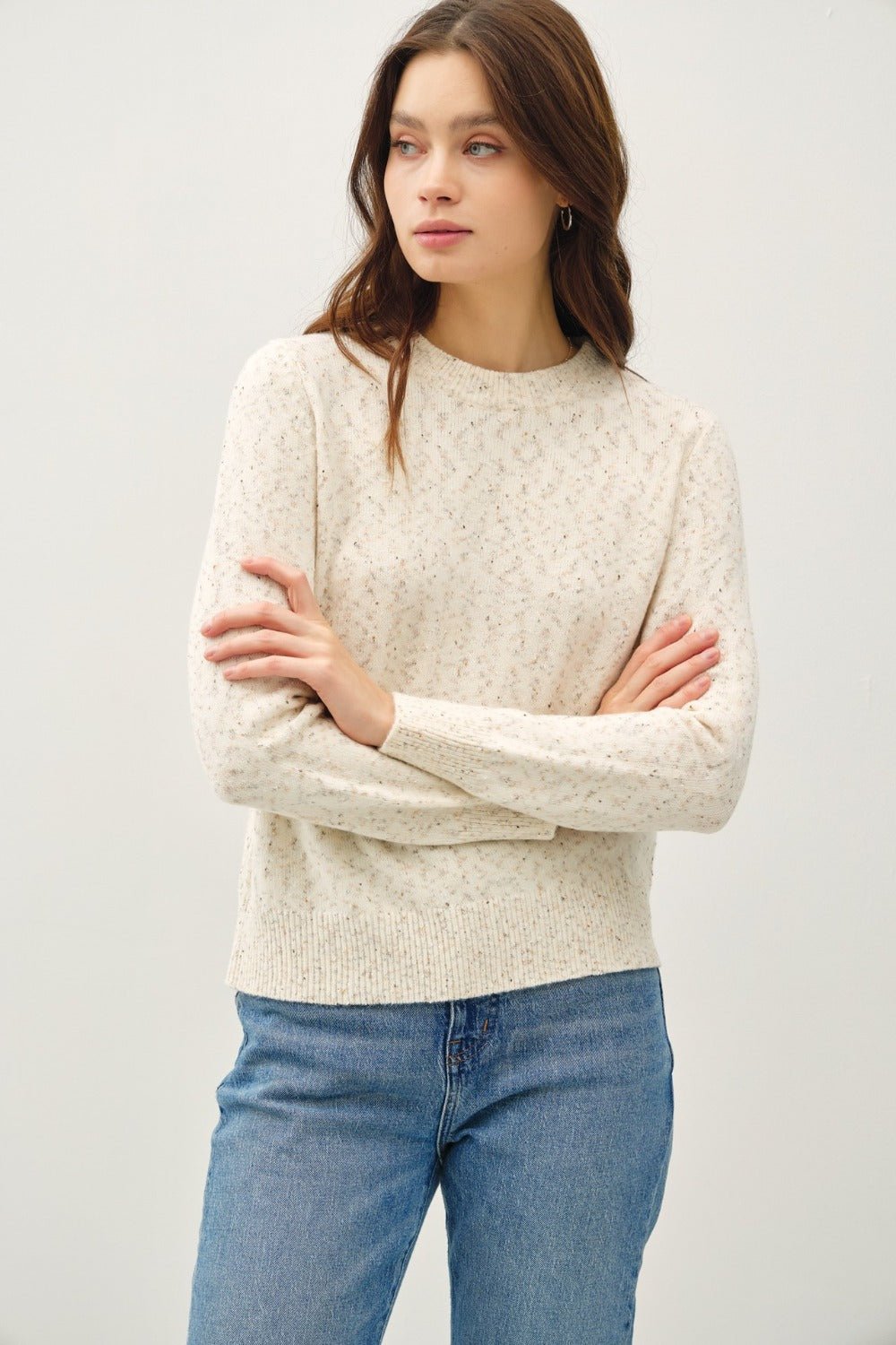 Be Cool Heathered Round Neck Long Sleeve Sweater - Sweater - Cream - Bella Bourget