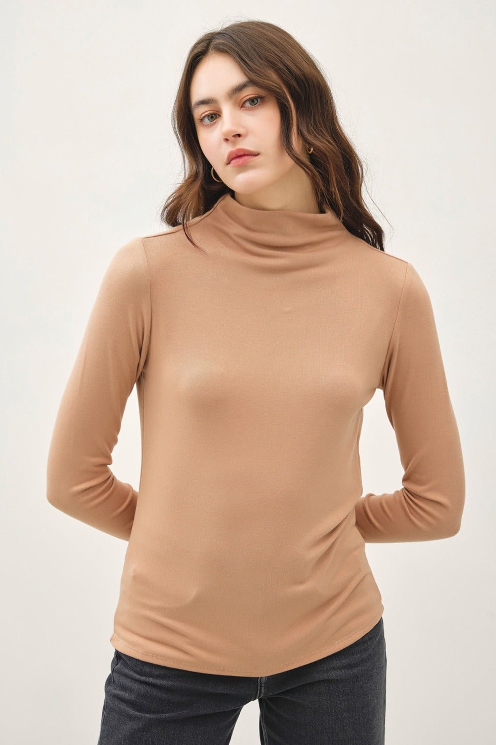 Be Cool Mock Neck Long Sleeve T-Shirt - Top - Camel - Bella Bourget